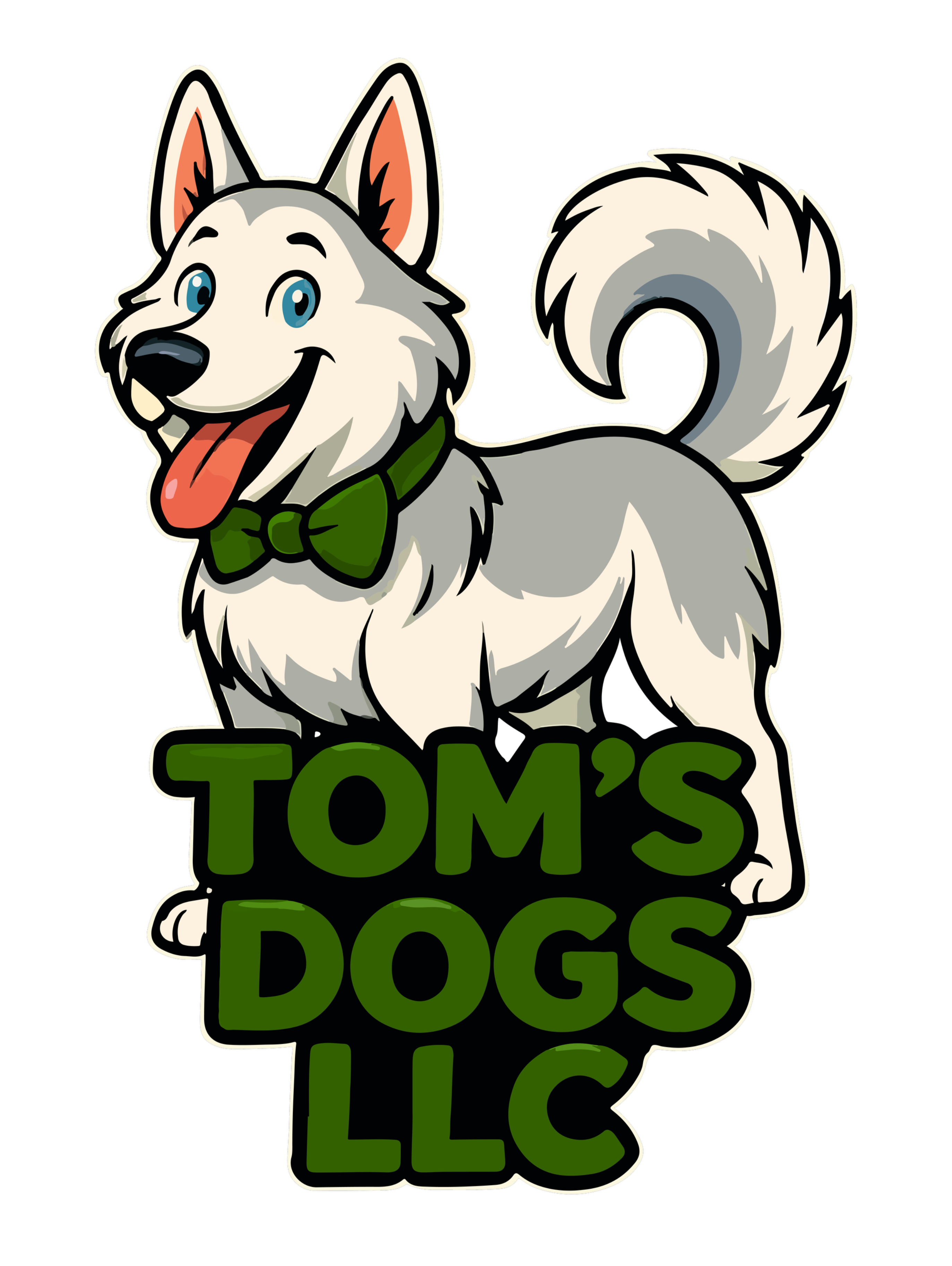 Tom's Dogs LLC Logo Tom’s Dogs LLC logo featuring a happy cartoon dog with a green bow tie, representing professional dog walking and pack hikes along the CT shoreline.