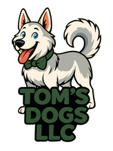 Tom's Dogs LLC Logo Tom’s Dogs LLC logo with a smiling white Siberian Husky wearing a green bowtie above green lettering.