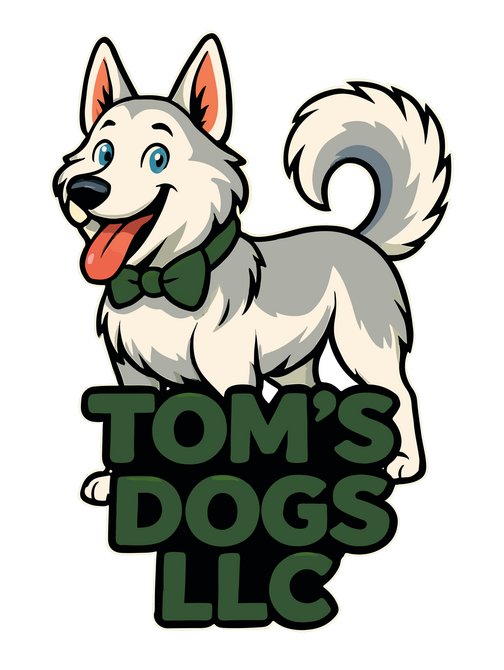 Tom’s Dogs LLC logo with a smiling white Siberian Husky wearing a green bowtie above green lettering.